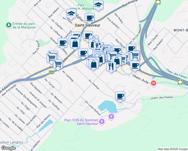 map of restaurants, bars, coffee shops, grocery stores, and more near 61 Avenue Saint Denis in Saint-Sauveur