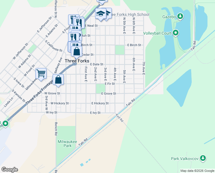map of restaurants, bars, coffee shops, grocery stores, and more near 501-599 3rd Ave E in Three Forks