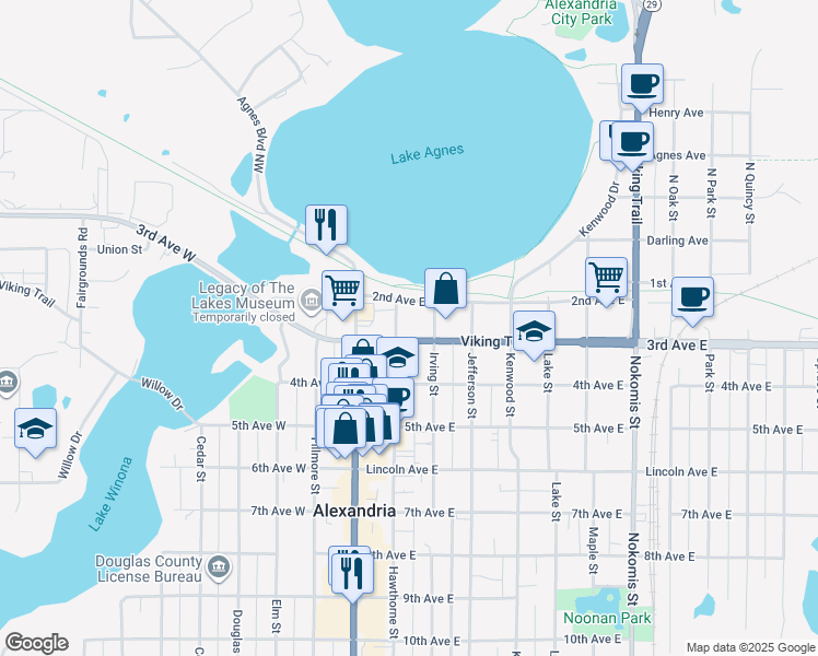 map of restaurants, bars, coffee shops, grocery stores, and more near 219 3rd Avenue East in Alexandria