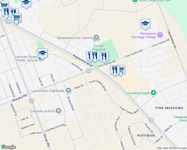map of restaurants, bars, coffee shops, grocery stores, and more near 3101 Petawawa Boulevard in Petawawa
