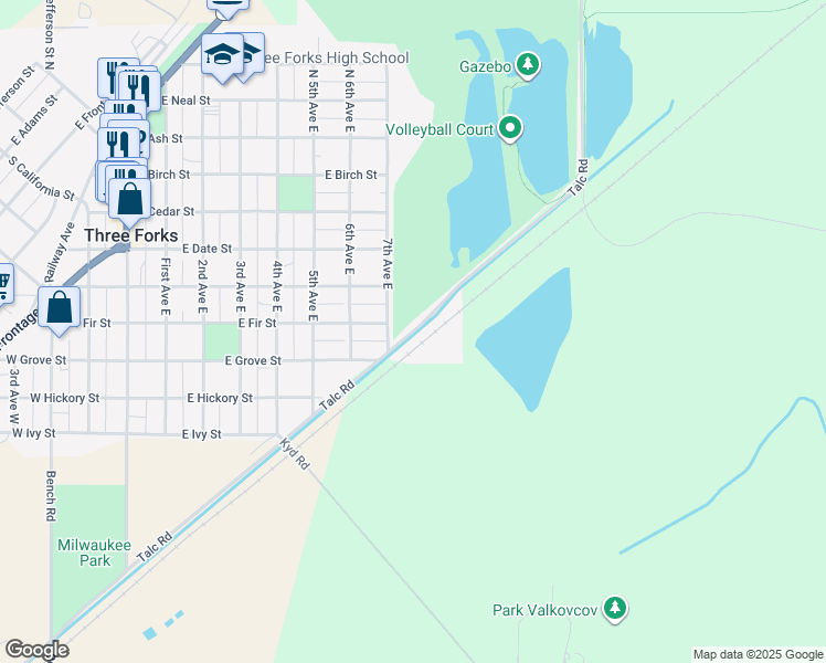 map of restaurants, bars, coffee shops, grocery stores, and more near Talc Road in Three Forks