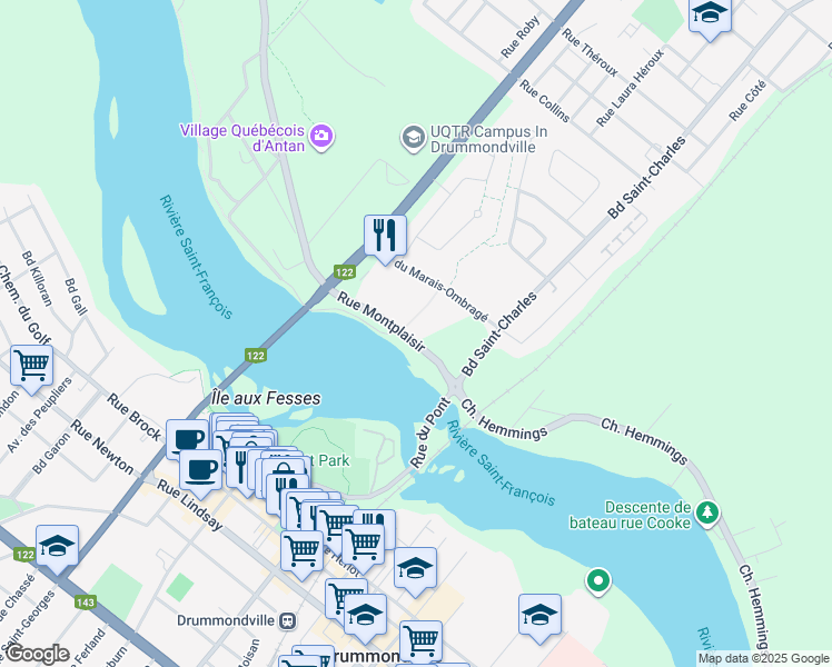 map of restaurants, bars, coffee shops, grocery stores, and more near 1700 Rue Montplaisir in Drummondville