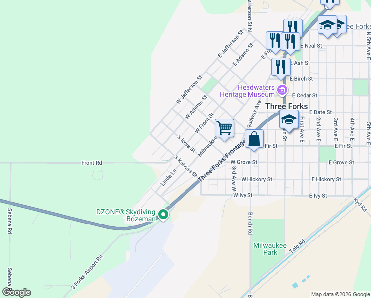 map of restaurants, bars, coffee shops, grocery stores, and more near 509 West Front Street in Three Forks
