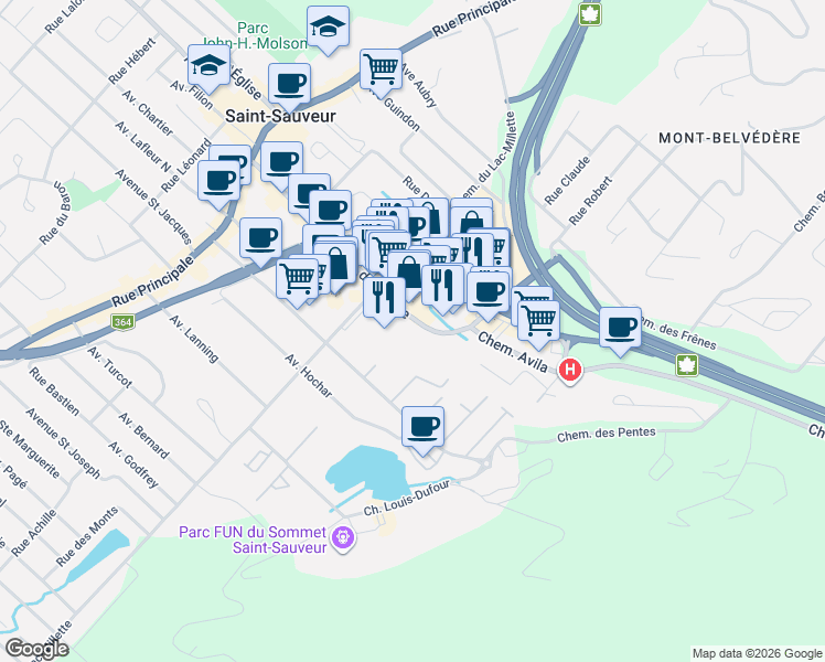 map of restaurants, bars, coffee shops, grocery stores, and more near 252 Chemin du Lac-Millette in Saint-Sauveur