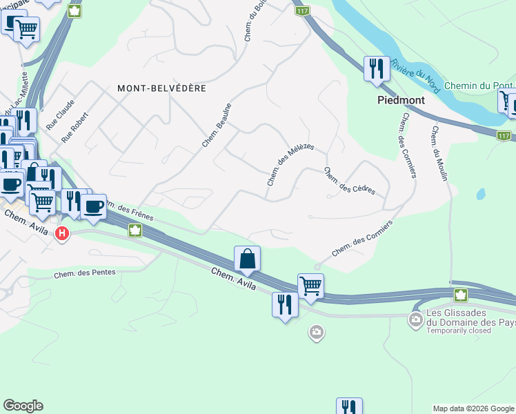 map of restaurants, bars, coffee shops, grocery stores, and more near 340 Chemin des Épinettes in Piedmont