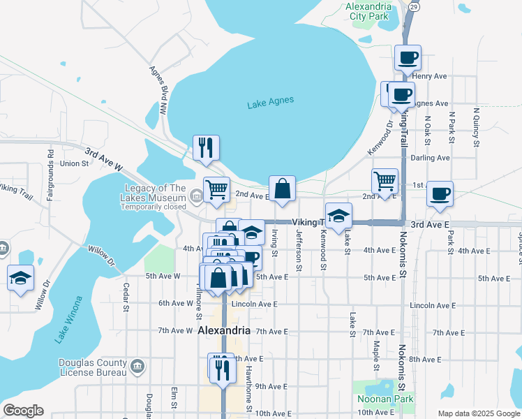 map of restaurants, bars, coffee shops, grocery stores, and more near 219 3rd Avenue East in Alexandria