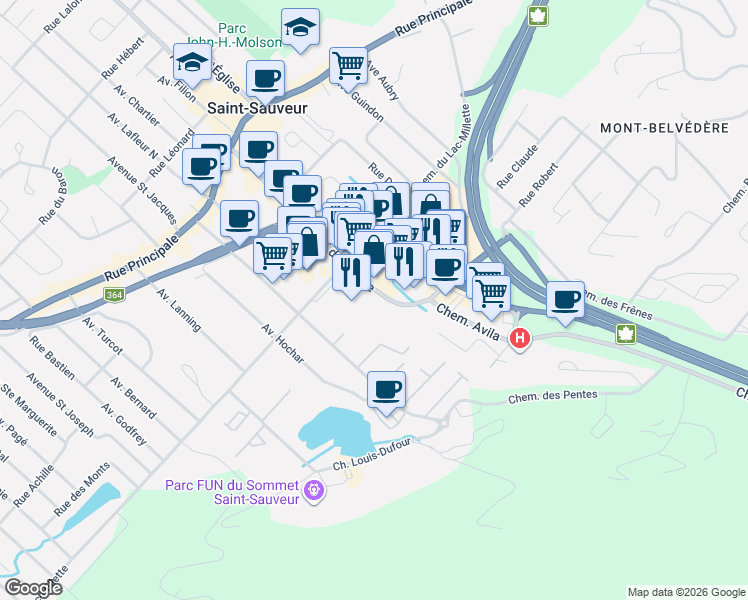 map of restaurants, bars, coffee shops, grocery stores, and more near 252 Chemin du Lac-Millette in Saint-Sauveur