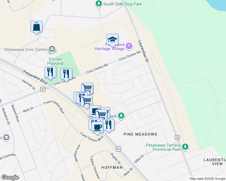 map of restaurants, bars, coffee shops, grocery stores, and more near 17 Greenvale Crescent in Petawawa
