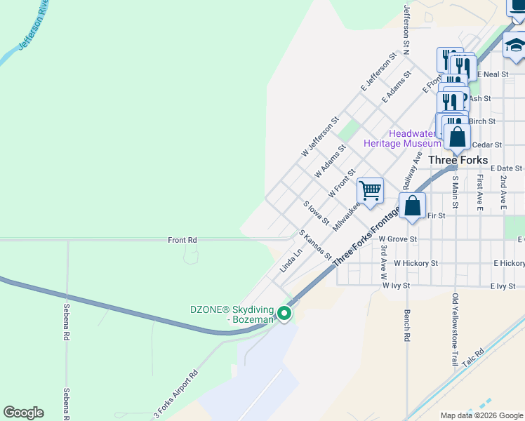 map of restaurants, bars, coffee shops, grocery stores, and more near 500-598 West Jefferson Street in Three Forks