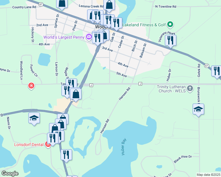 map of restaurants, bars, coffee shops, grocery stores, and more near 9436 County J in Woodruff