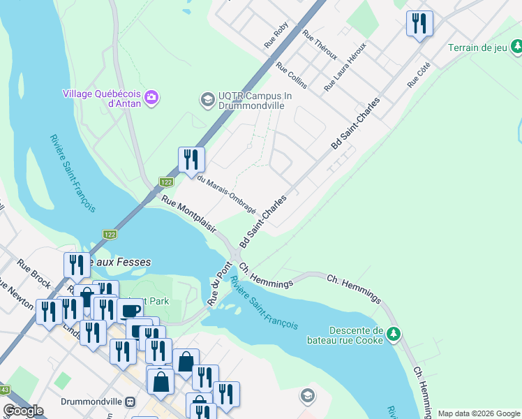 map of restaurants, bars, coffee shops, grocery stores, and more near Avenue du Marais-Ombragé in Drummondville