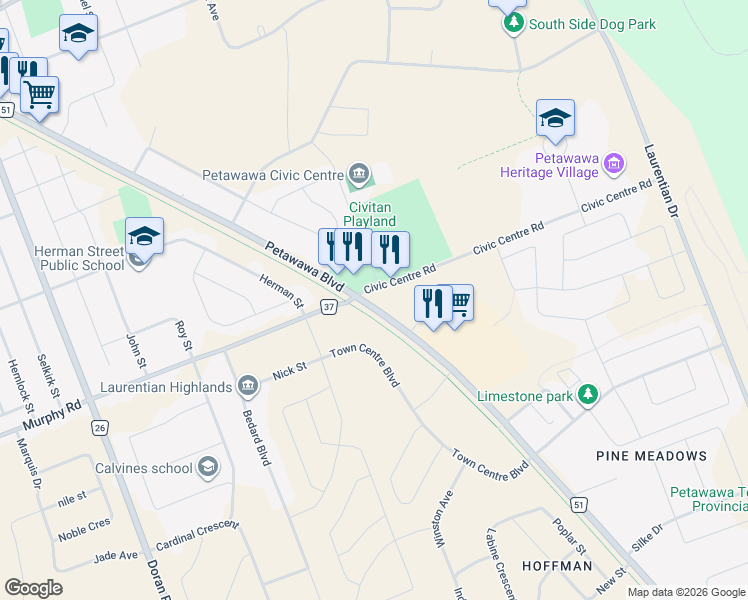 map of restaurants, bars, coffee shops, grocery stores, and more near 3101 Petawawa Boulevard in Petawawa
