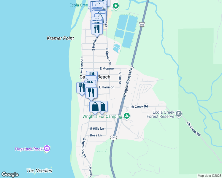 map of restaurants, bars, coffee shops, grocery stores, and more near 264 East Harrison Street in Cannon Beach