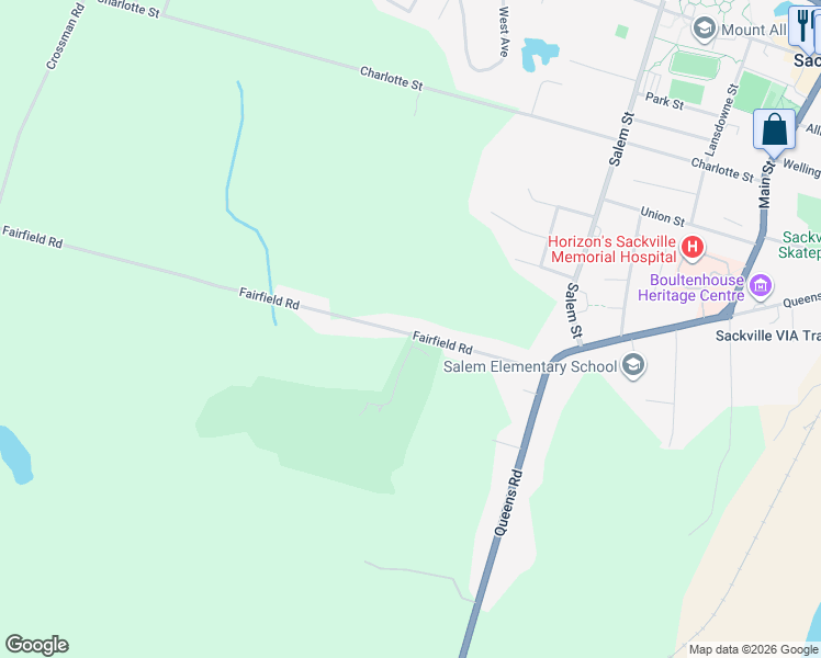 map of restaurants, bars, coffee shops, grocery stores, and more near 41 Fairfield Road in Sackville