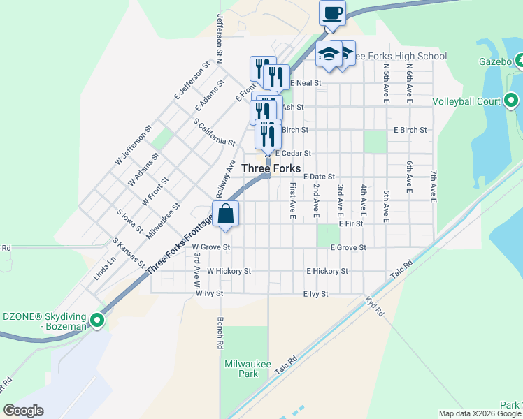 map of restaurants, bars, coffee shops, grocery stores, and more near 1-99 W Elm St in Three Forks