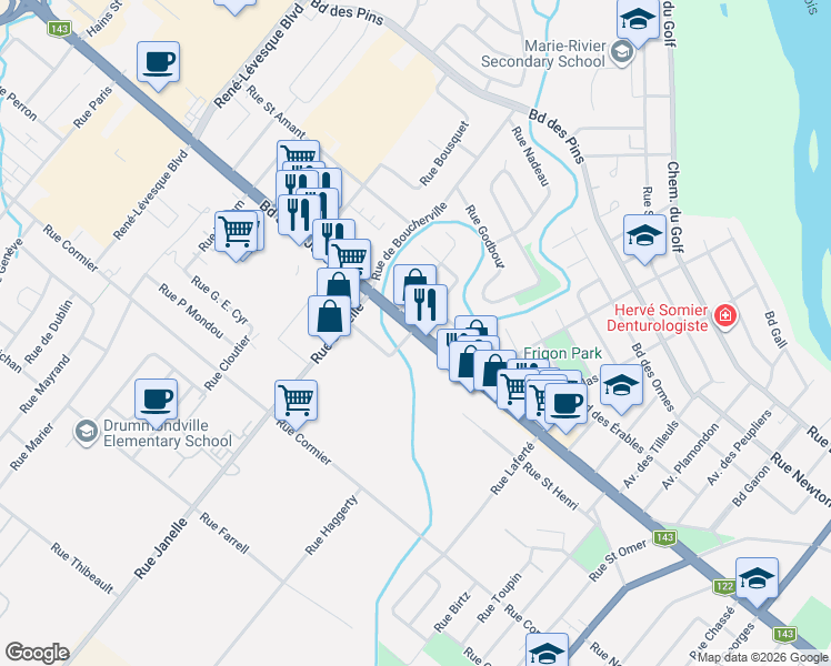 map of restaurants, bars, coffee shops, grocery stores, and more near 825 Boulevard Saint-Joseph in Drummondville