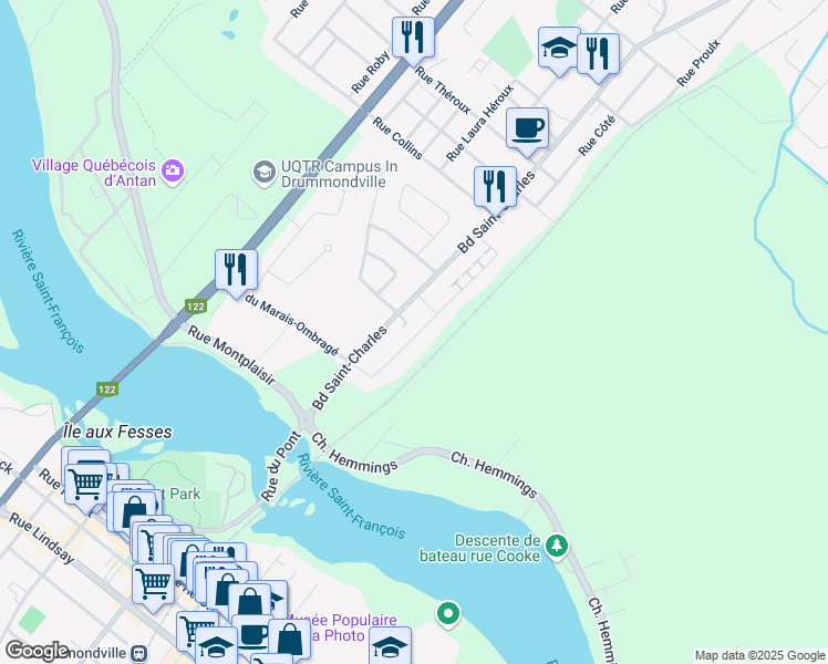 map of restaurants, bars, coffee shops, grocery stores, and more near 451 Cours du Chevreuil in Drummondville