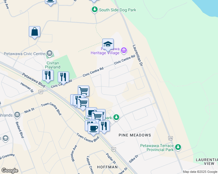 map of restaurants, bars, coffee shops, grocery stores, and more near Highland Park Drive & Winfield Street in Petawawa