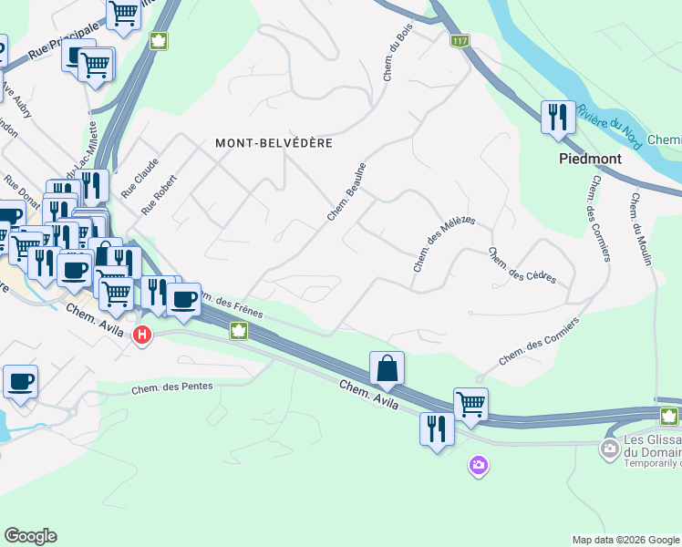 map of restaurants, bars, coffee shops, grocery stores, and more near 295 Chemin des Faitières in Piedmont