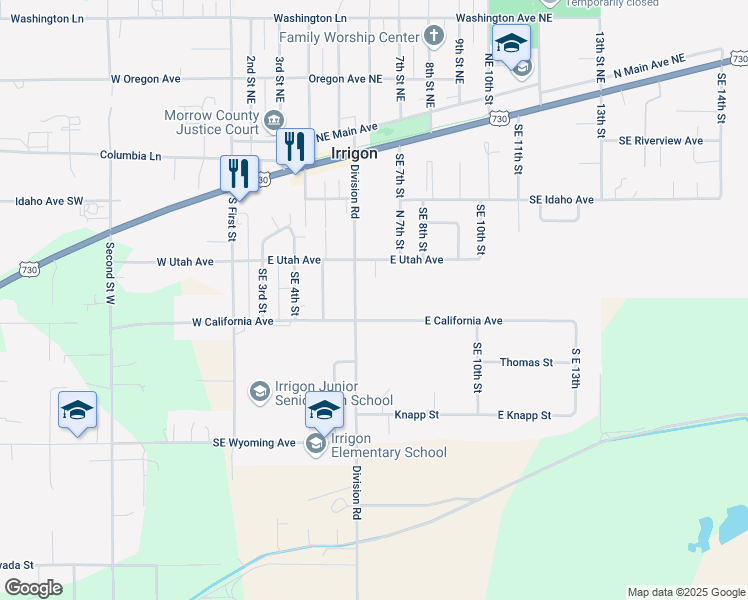 map of restaurants, bars, coffee shops, grocery stores, and more near 365 Division Road in Irrigon