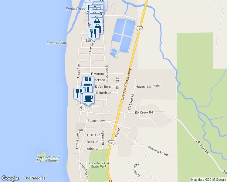 map of restaurants, bars, coffee shops, grocery stores, and more near 264 East Harrison Street in Cannon Beach
