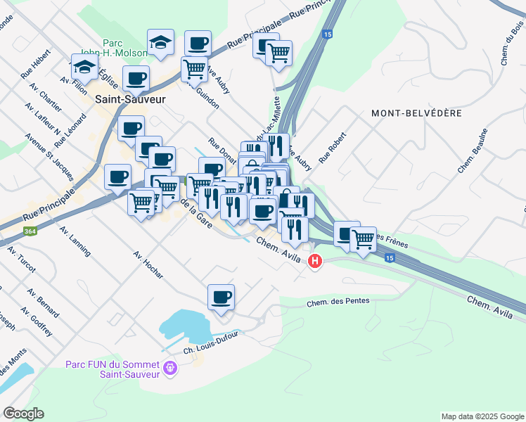 map of restaurants, bars, coffee shops, grocery stores, and more near 105 Avenue Guindon in St. Sauveur