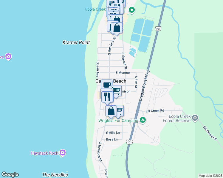map of restaurants, bars, coffee shops, grocery stores, and more near 939 South Hemlock Street in Cannon Beach