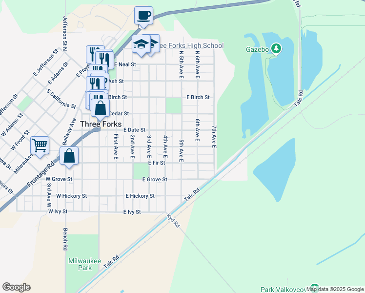map of restaurants, bars, coffee shops, grocery stores, and more near 503 E Elm St in Three Forks