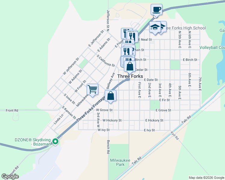 map of restaurants, bars, coffee shops, grocery stores, and more near 199 West Elm Street in Three Forks