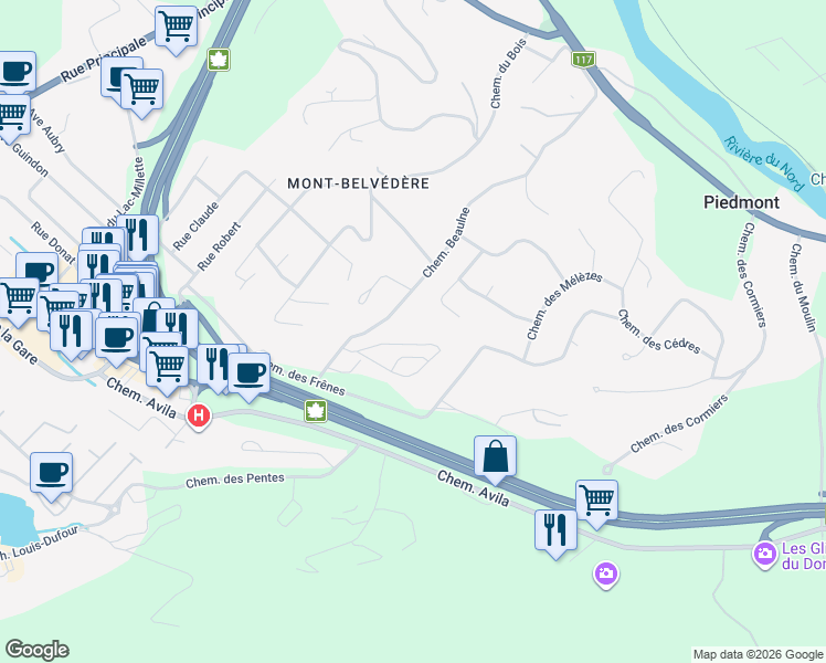 map of restaurants, bars, coffee shops, grocery stores, and more near 285 Chemin des Faitières in Piedmont