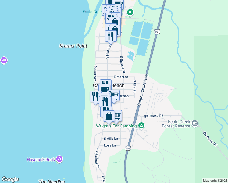 map of restaurants, bars, coffee shops, grocery stores, and more near 939 South Hemlock Street in Cannon Beach