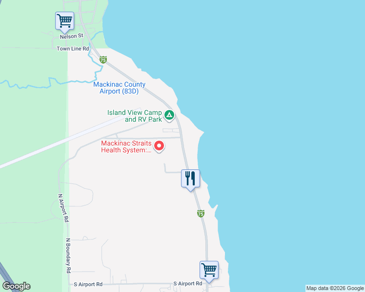 map of restaurants, bars, coffee shops, grocery stores, and more near 1130 North State Street in Saint Ignace