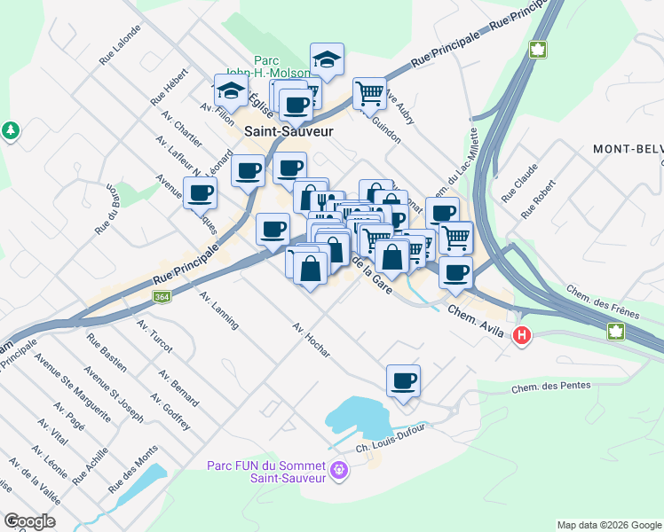 map of restaurants, bars, coffee shops, grocery stores, and more near 75 Avenue de la Gare in Saint-Sauveur