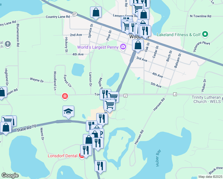 map of restaurants, bars, coffee shops, grocery stores, and more near 103 Elm Street in Woodruff