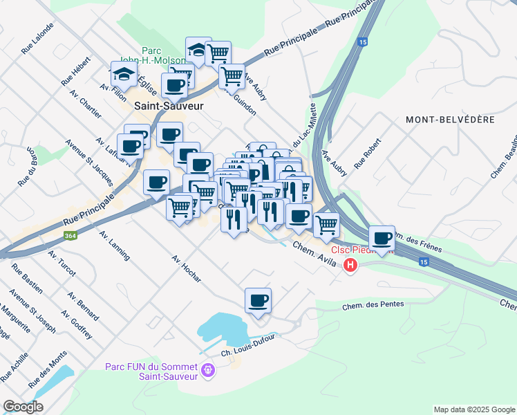 map of restaurants, bars, coffee shops, grocery stores, and more near 224e Avenue de la Gare in Saint-Sauveur