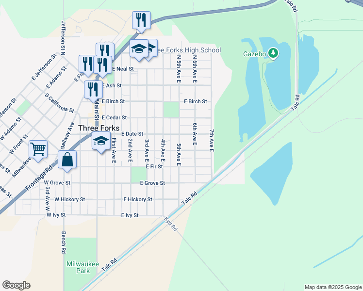 map of restaurants, bars, coffee shops, grocery stores, and more near 503 East Elm Street in Three Forks