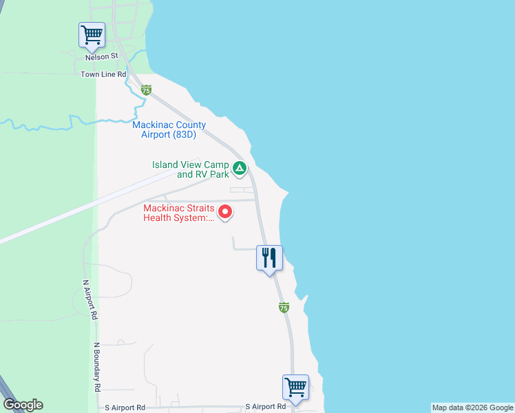 map of restaurants, bars, coffee shops, grocery stores, and more near 1130 North State Street in Saint Ignace