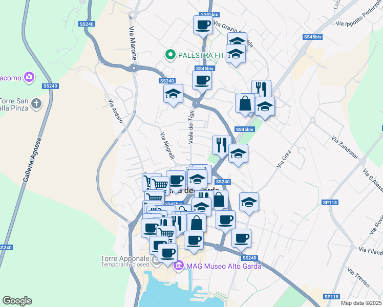 map of restaurants, bars, coffee shops, grocery stores, and more near Viale dei Tigli in Riva del Garda