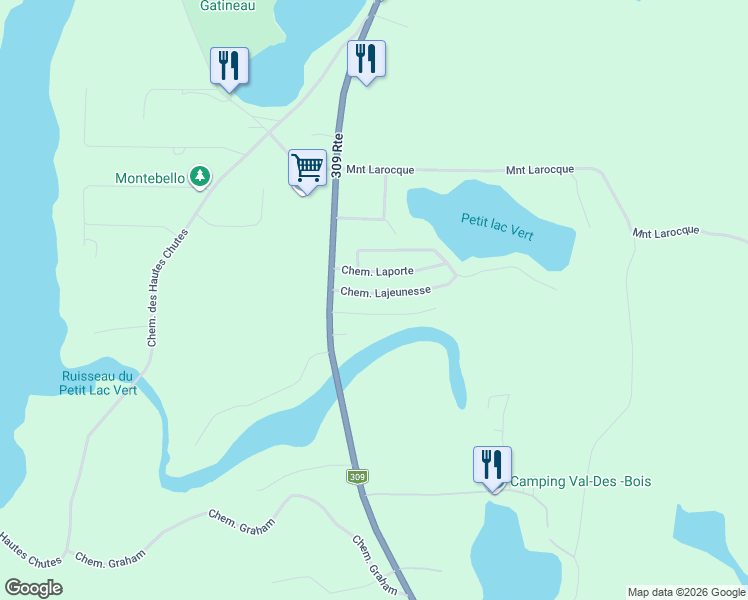 map of restaurants, bars, coffee shops, grocery stores, and more near Chemin Lajeunesse in Outaouais