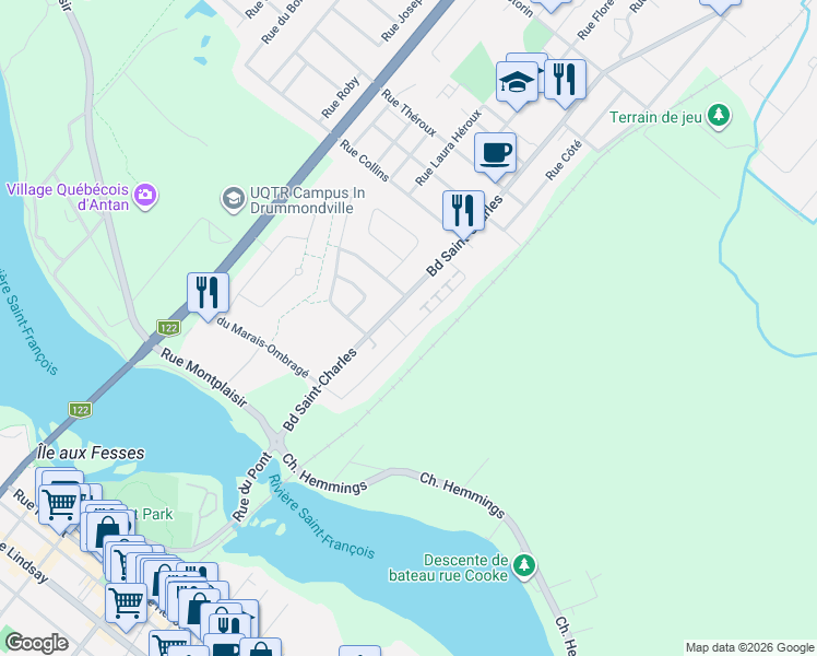 map of restaurants, bars, coffee shops, grocery stores, and more near 501 Cours du Chevreuil in Drummondville