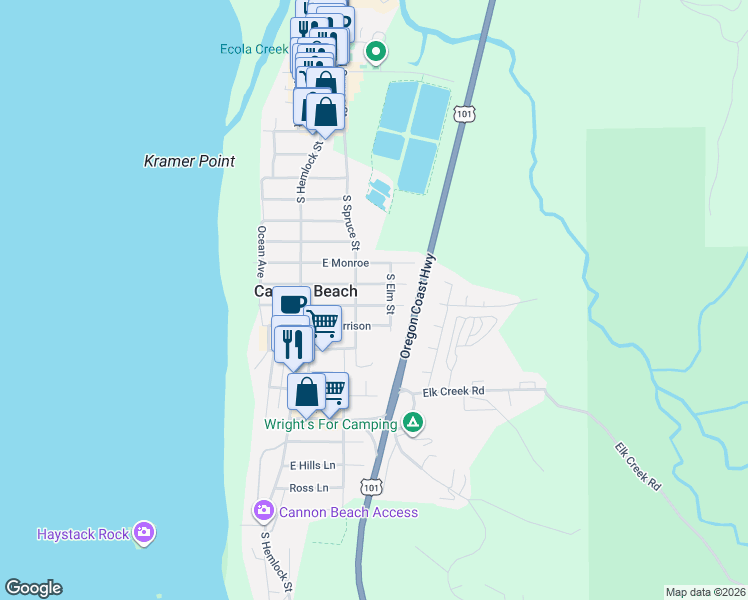map of restaurants, bars, coffee shops, grocery stores, and more near 264 East Harrison Street in Cannon Beach