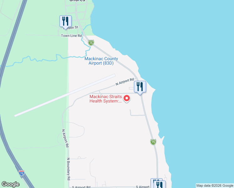 map of restaurants, bars, coffee shops, grocery stores, and more near 2-98 Grondin Road in St. Ignace