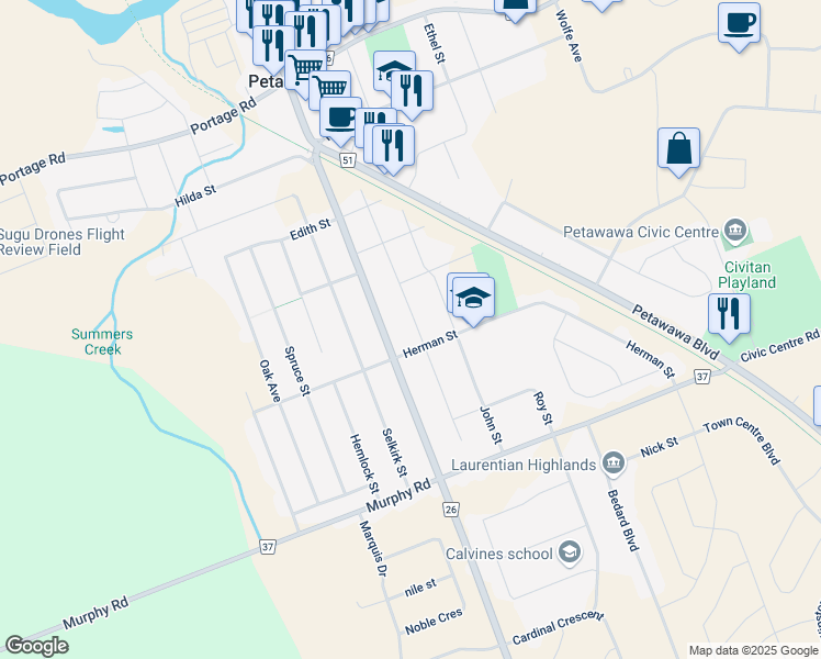 map of restaurants, bars, coffee shops, grocery stores, and more near 39 Mary Street in Petawawa