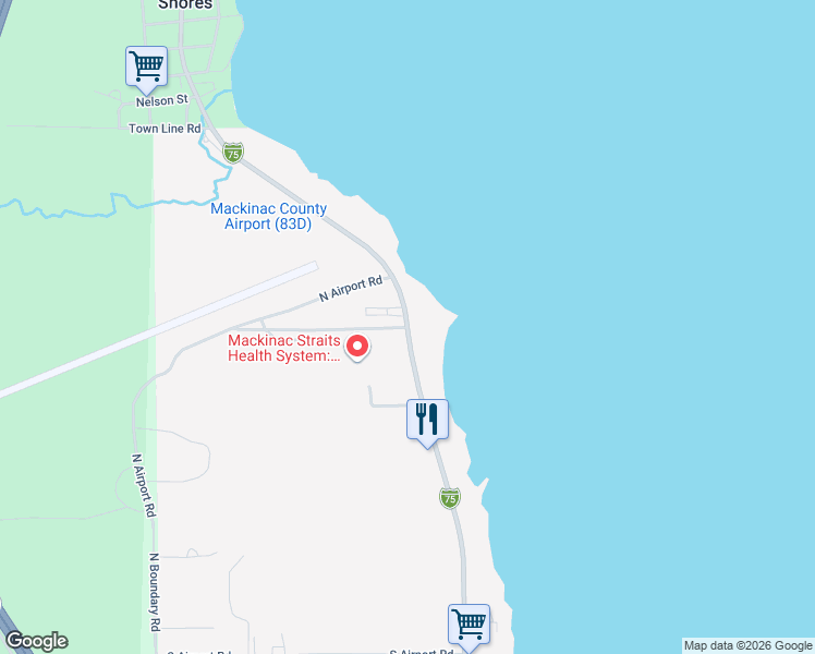 map of restaurants, bars, coffee shops, grocery stores, and more near 2 Grondin Road in St. Ignace