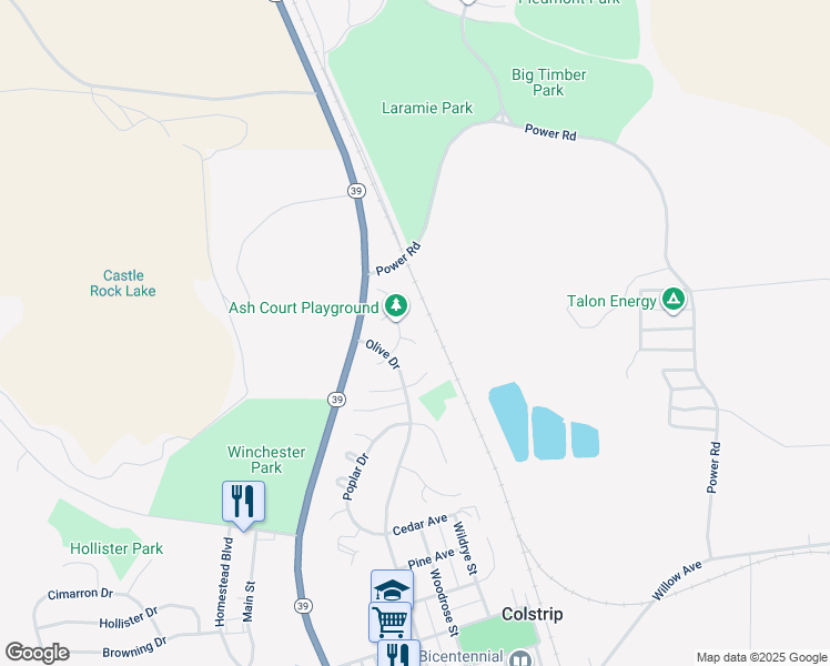 map of restaurants, bars, coffee shops, grocery stores, and more near 25 Plum Court in Colstrip
