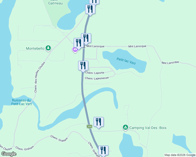 map of restaurants, bars, coffee shops, grocery stores, and more near Chemin Lajeunesse in Outaouais