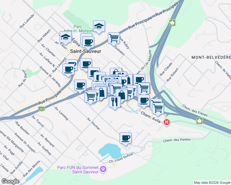 map of restaurants, bars, coffee shops, grocery stores, and more near 217 Chemin du Lac-Millette in Saint-Sauveur