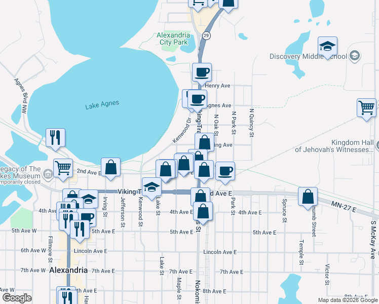map of restaurants, bars, coffee shops, grocery stores, and more near 201 Nokomis Street in Alexandria