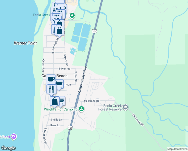 map of restaurants, bars, coffee shops, grocery stores, and more near 453 Elk Land Road in Cannon Beach