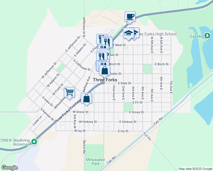 map of restaurants, bars, coffee shops, grocery stores, and more near 303 South Main Street in Three Forks